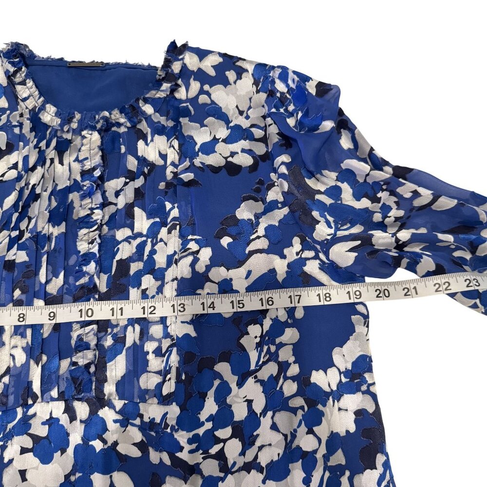 Women’s Elie Tahari Blue White Floral Silk Blend Ruffle Blouse Size Small - Picture 8 of 12